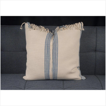 Karen ethnic stripe cushion Hmong pillow tribal decorative 20 in. square pillow handwoven cotton off-white, cream, blue, natural organic dye BN29