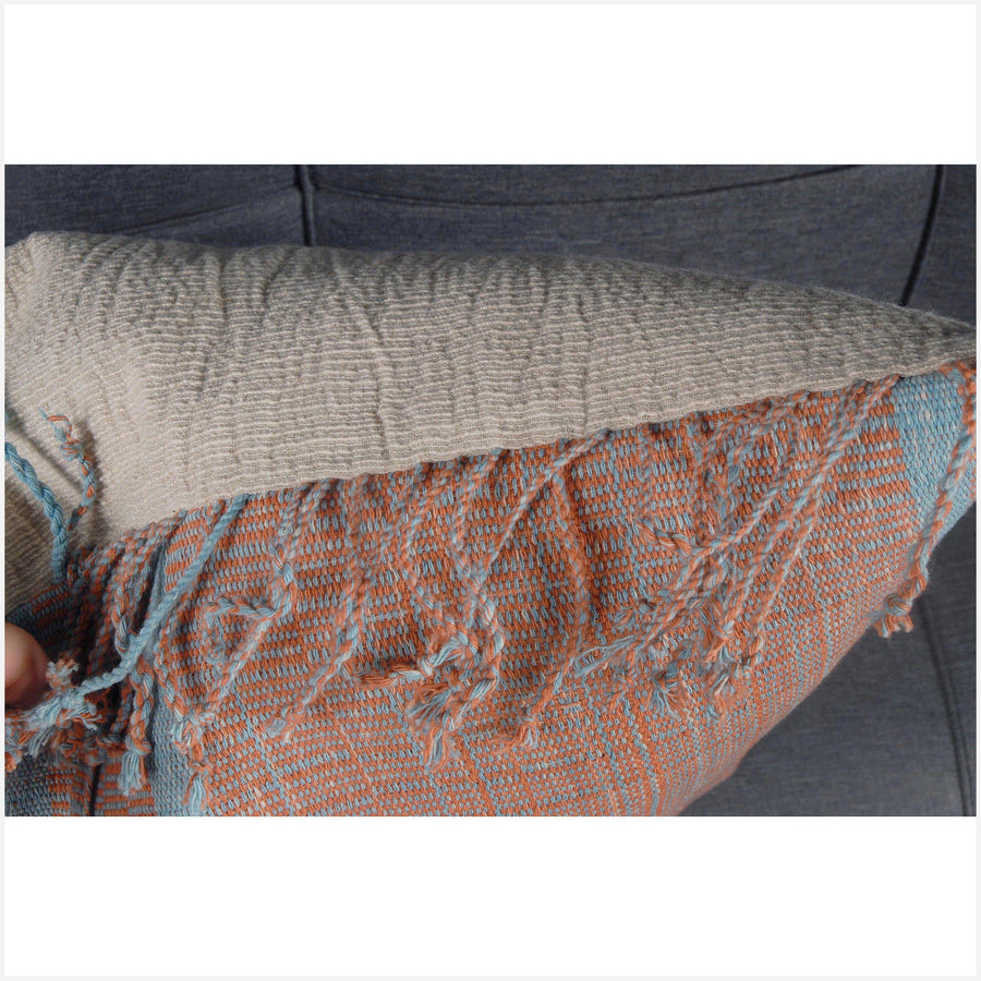 Karen ethnic stripe cushion Hmong pillow tribal decorative 20 in. square pillow handwoven cotton pale blue, orange, natural organic dye BN25