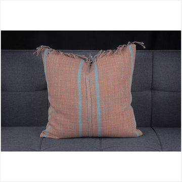 Karen ethnic stripe cushion Hmong pillow tribal decorative 20 in. square pillow handwoven cotton pale blue, orange, natural organic dye BN25