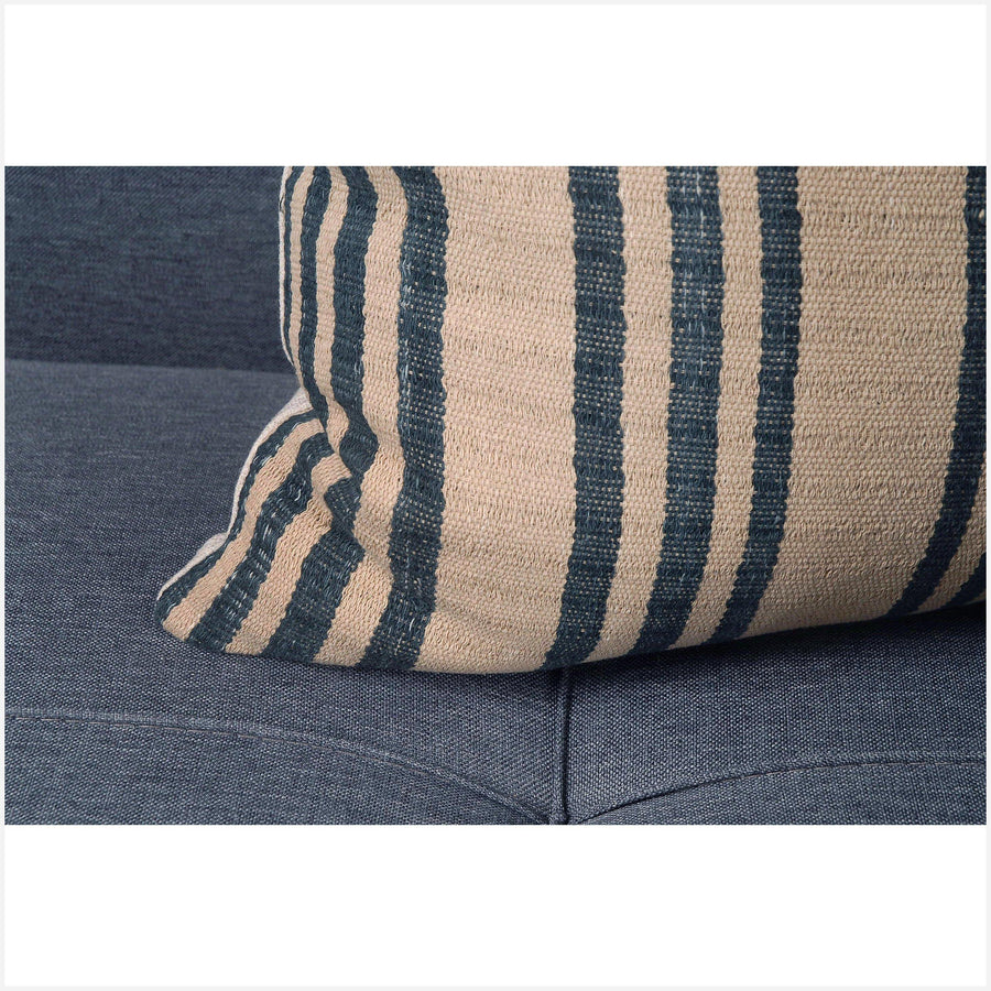 Karen ethnic stripe cushion Hmong pillow tribal decorative 20 in. square pillow handwoven cotton tan gray natural organic dye BN14