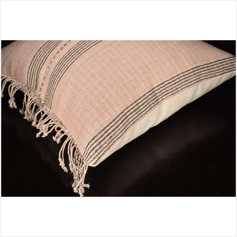 Karen ethnic stripe cushion Hmong pillow tribal decorative 20 in. square, tasseled pillow, handwoven cotton blush, gray, striped natural organic dye OO51
