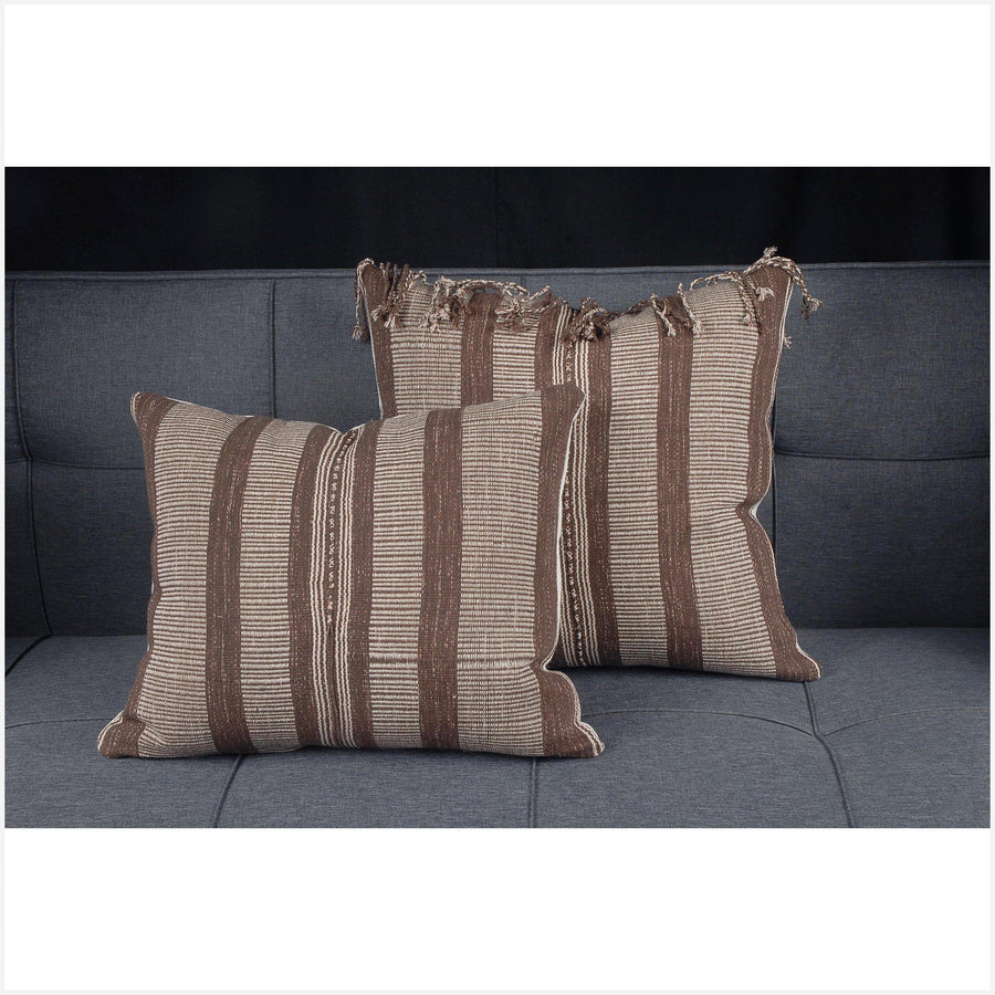 Karen ethnic stripe cushion Hmong pillow tribal decorative 20x16 in. pillow handwoven cotton brown, white, natural organic dye BN10