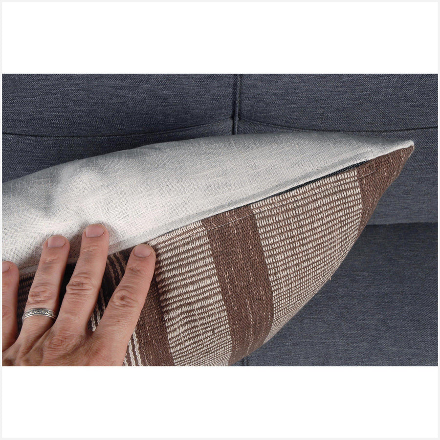 Karen ethnic stripe cushion Hmong pillow tribal decorative 20x16 in. pillow handwoven cotton brown, white, natural organic dye BN10