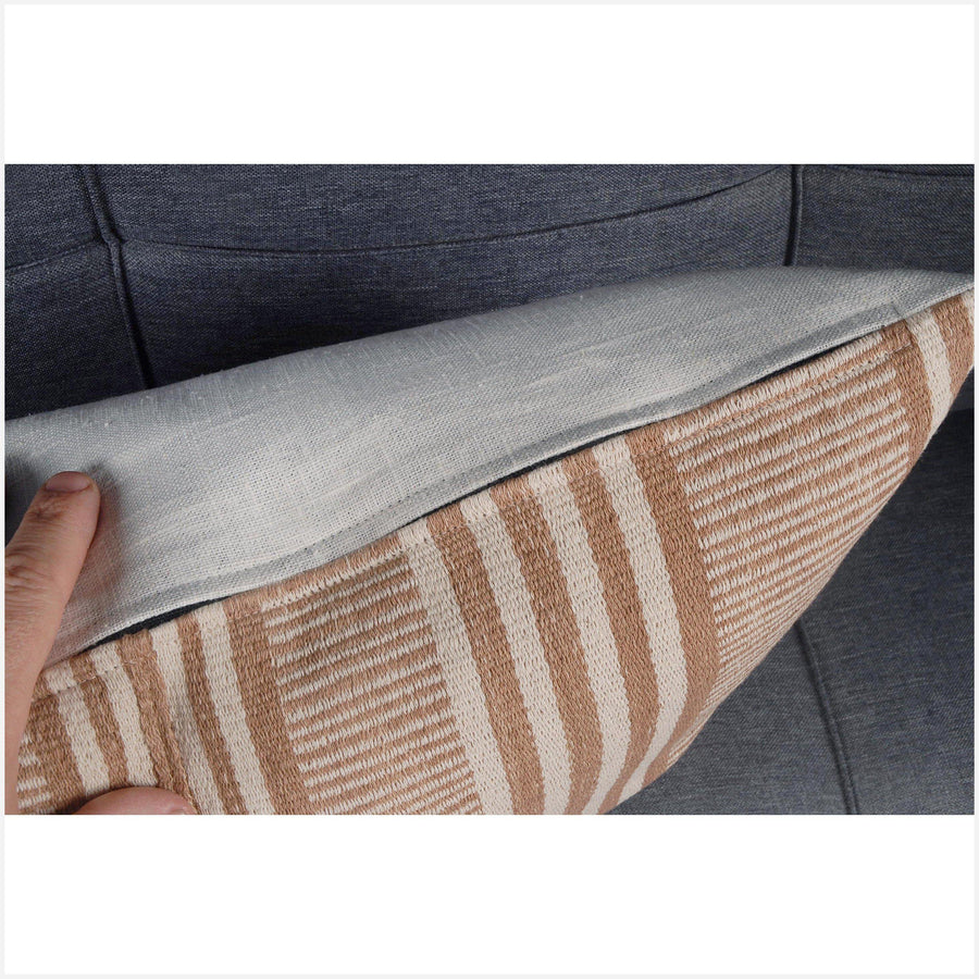 Karen ethnic stripe cushion Hmong pillow tribal decorative 21 in. lumbar pillow handwoven cotton off-white, camel tan natural organic dye VC96