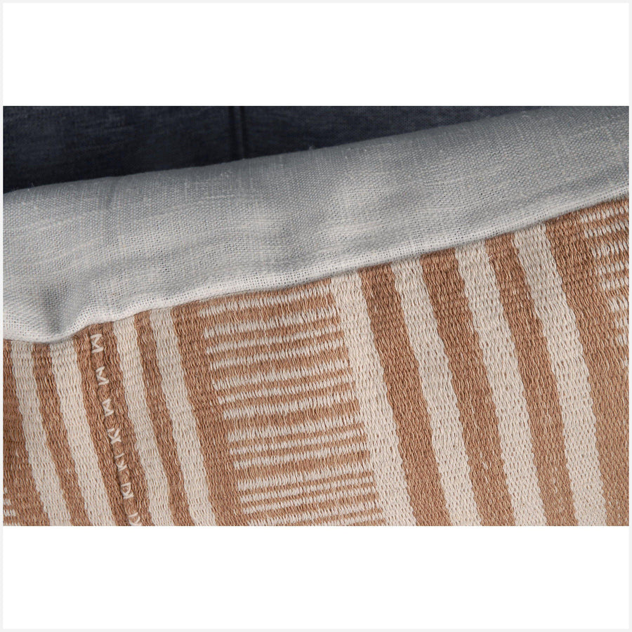 Karen ethnic stripe cushion Hmong pillow tribal decorative 21 in. lumbar pillow handwoven cotton off-white, camel tan natural organic dye VC96