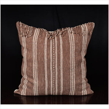Karen ethnic stripe cushion Hmong pillow tribal decorative 21 in. square pillow handwoven cotton brown, off-white, tasseled natural organic dye OO44
