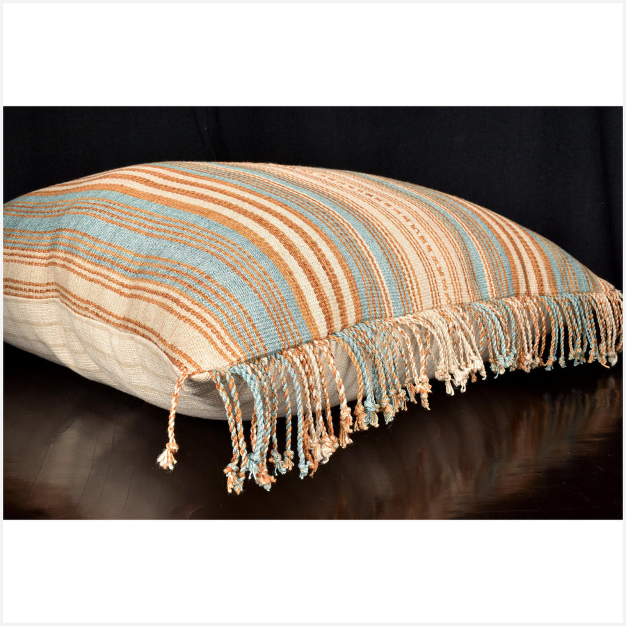 Karen ethnic stripe cushion, Hmong pillow tribal decorative 21 in. square pillow handwoven hemp beige, gold, teal, striped natural organic dye OO61