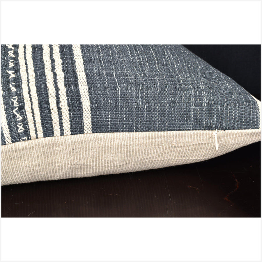 Karen ethnic stripe cushion Hmong pillow tribal decorative 21 in. square, tasseled, pillow handwoven cotton dark gray, off-white, striped natural organic dye OO37