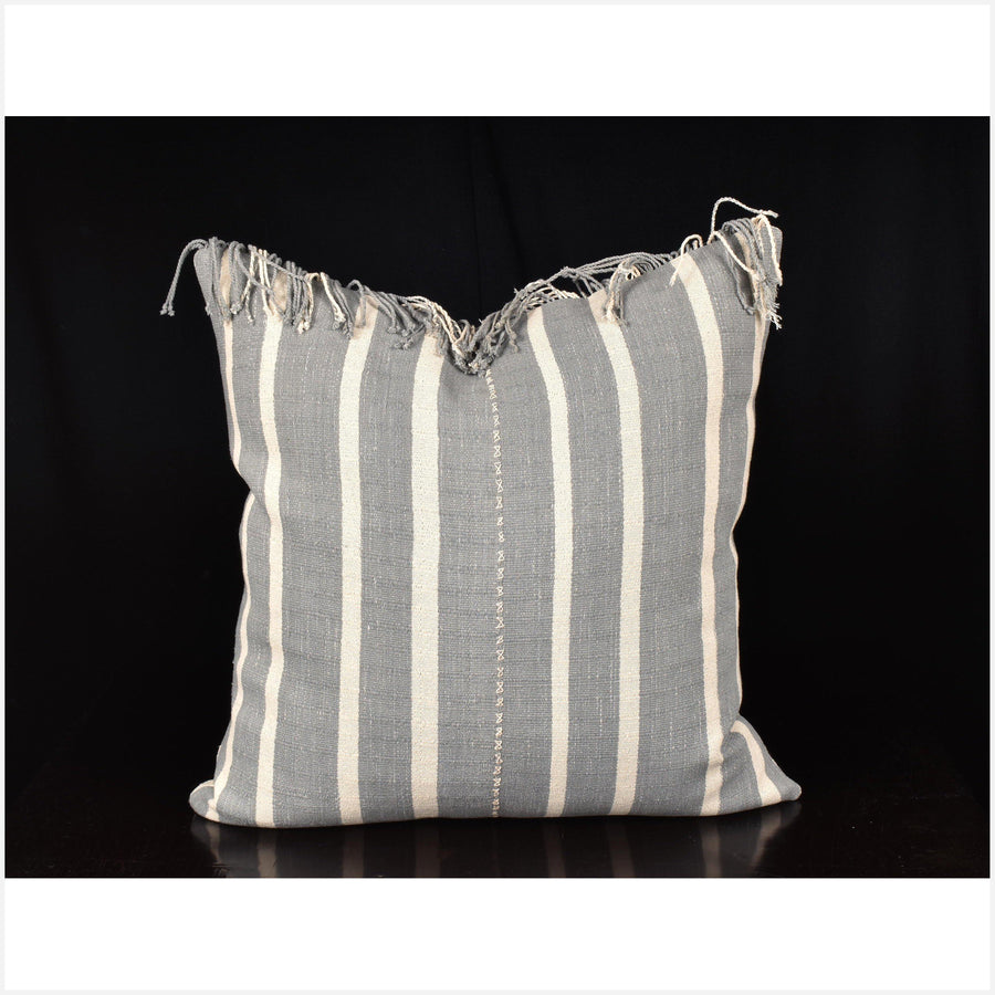 Karen ethnic stripe cushion Hmong pillow tribal decorative 21 in. square, tasseled, pillow handwoven cotton warm gray, off-white, striped natural organic dye OO38