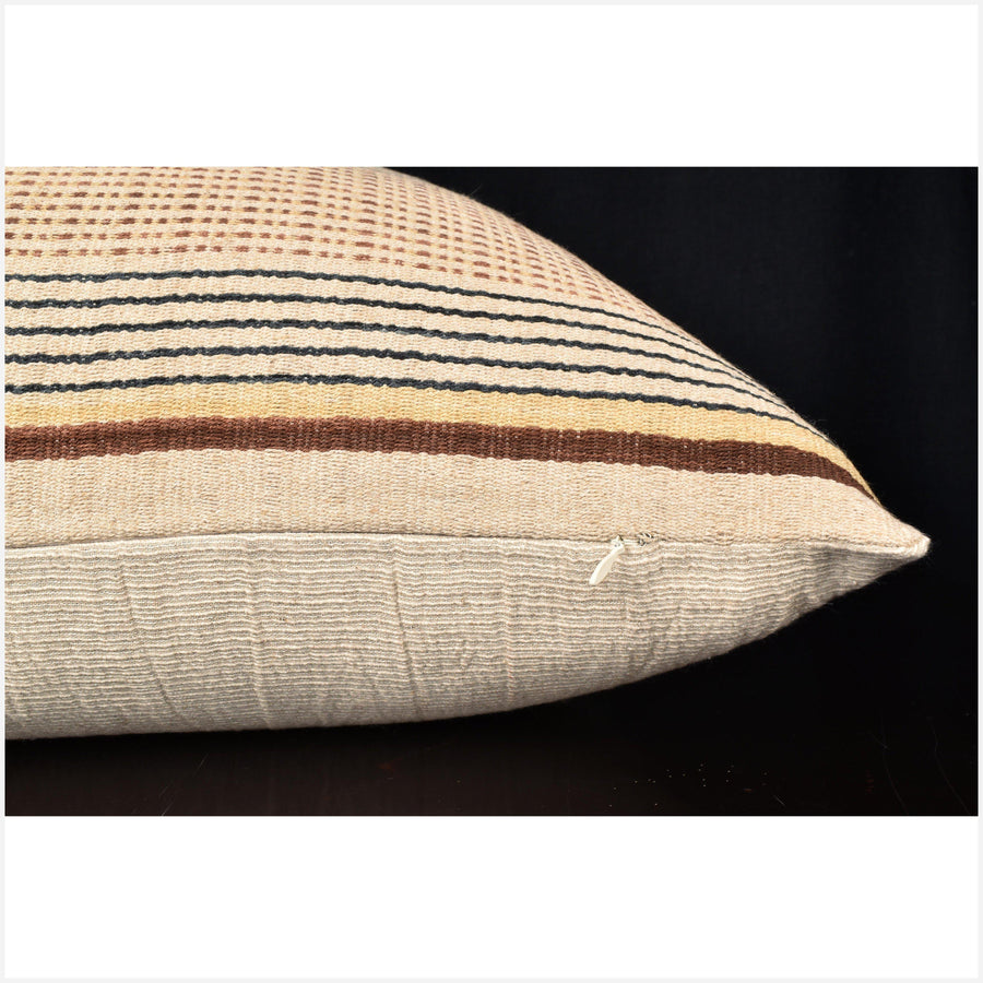 Karen ethnic stripe cushion, Hmong pillow tribal decorative 21 in. x 22 in. pillow handwoven hemp beige, brown, black, yellow, striped natural organic dye OO60
