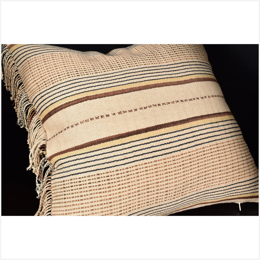 Karen ethnic stripe cushion, Hmong pillow tribal decorative 21 in. x 22 in. pillow handwoven hemp beige, brown, black, yellow, striped natural organic dye OO60