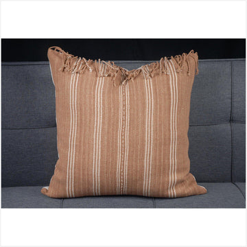 Karen ethnic stripe cushion Hmong pillow tribal decorative 21 in.square pillow handwoven cotton camel tan, off-white natural organic dye VC91