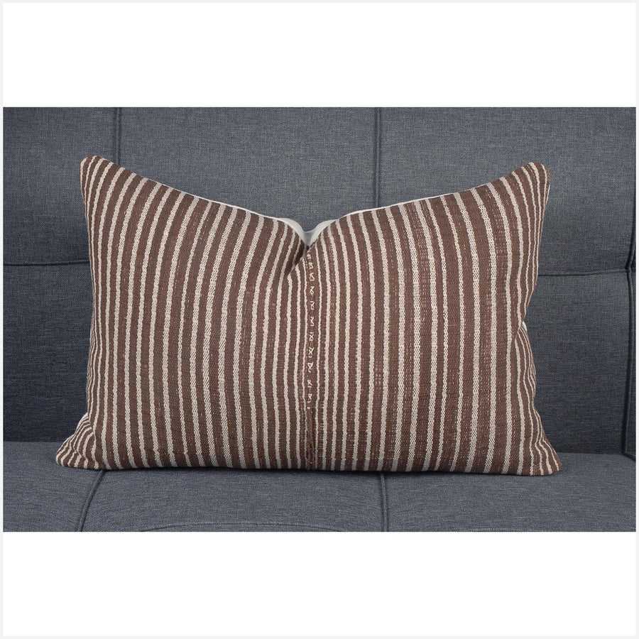 Karen ethnic stripe cushion Hmong pillow tribal decorative 21x14 in. lumbar pillow handwoven cotton brown, white, natural organic dye BN8