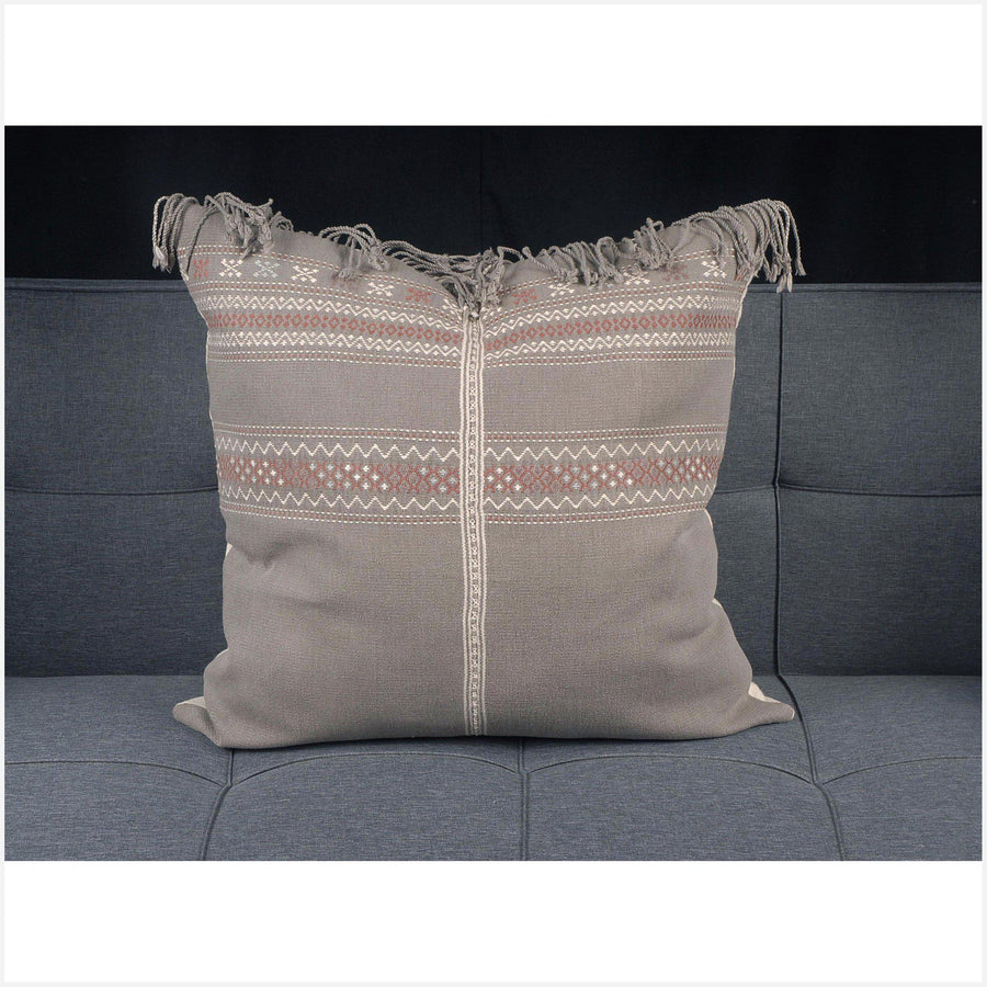 Karen ethnic stripe cushion Hmong pillow tribal decorative 25 in. square pillow handwoven cotton warm gray, white, wine tasseled natural organic dye VC87