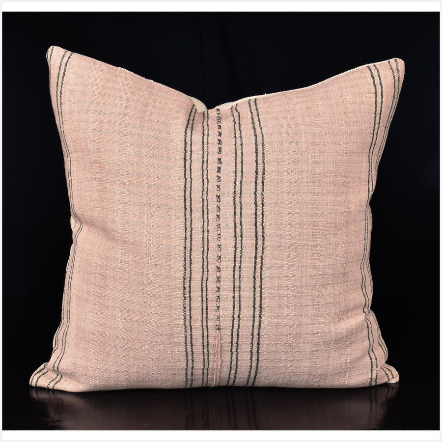Karen ethnic striped pillow, Hmong tribal 20 in. square cushion, handwoven cotton, neutral blush, gray, natural organic dye OO58