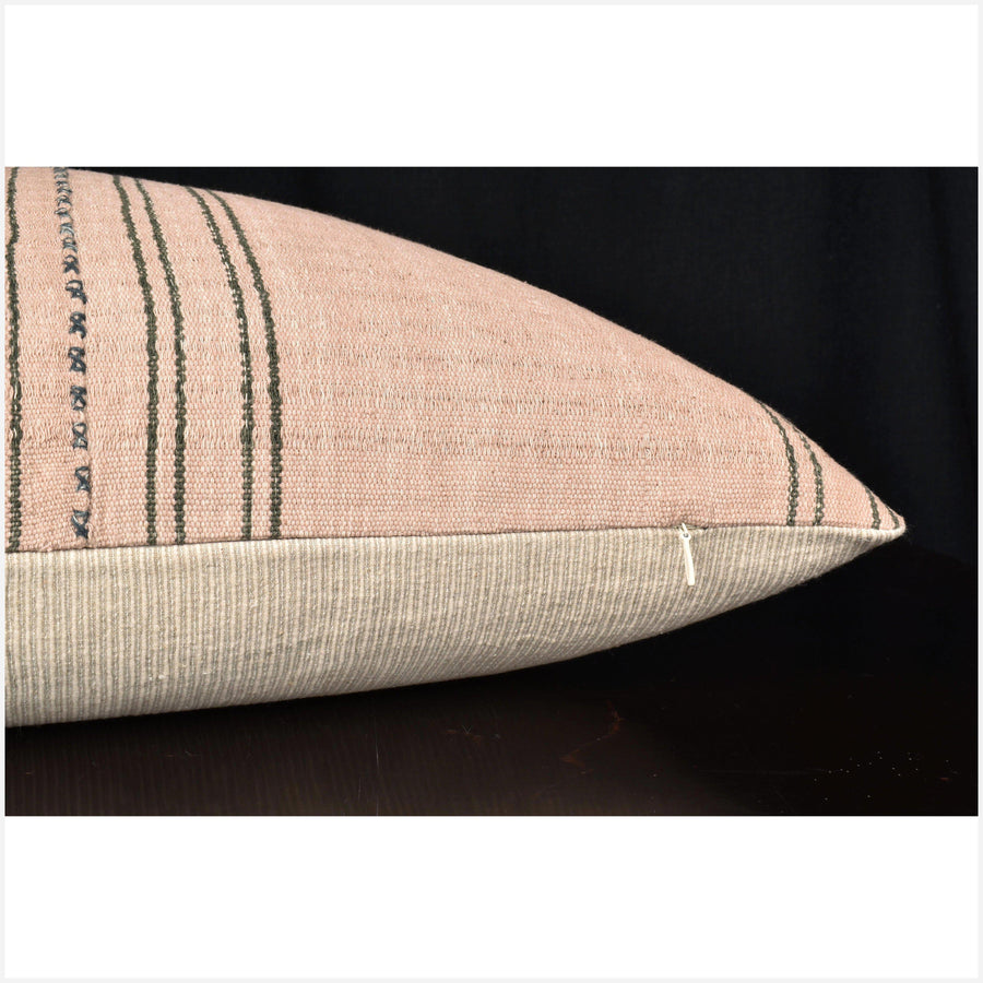 Karen ethnic striped pillow, Hmong tribal 20 in. square cushion, handwoven cotton, neutral blush, gray, natural organic dye OO59