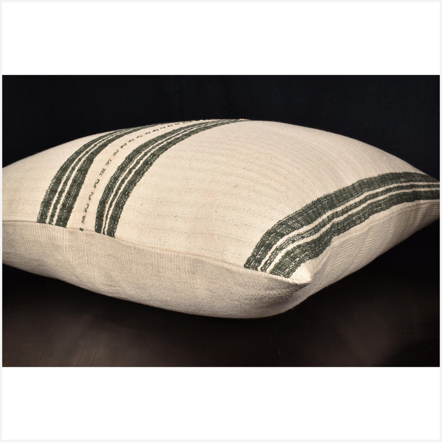 Karen ethnic striped pillow, Hmong tribal 20 in. square cushion, handwoven cotton, neutral gray, buttery off-white, natural organic dye OO72