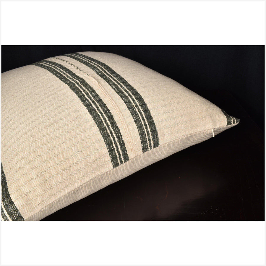 Karen ethnic striped pillow, Hmong tribal 20 in. square cushion, handwoven cotton, neutral gray, buttery off-white, natural organic dye OO72