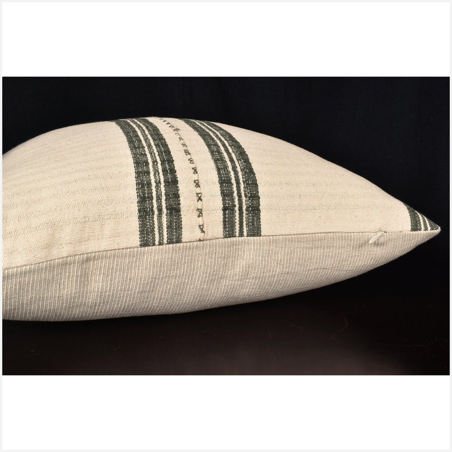 Karen ethnic striped pillow, Hmong tribal 20 in. square cushion, handwoven cotton, neutral gray, buttery off-white, natural organic dye OO73