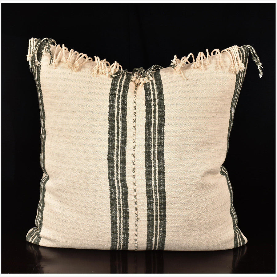 Karen ethnic striped pillow, Hmong tribal 20 in. square cushion, handwoven cotton, neutral gray, buttery off-white, natural organic dye OO73