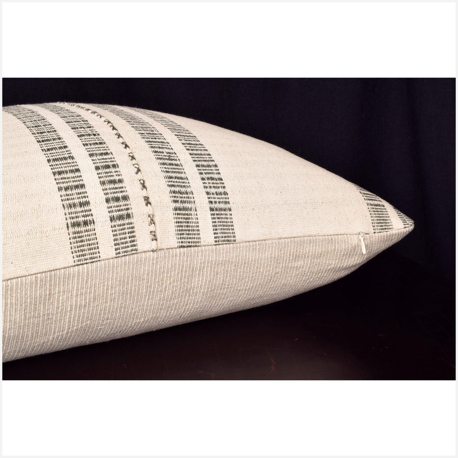 Karen ethnic striped pillow, Hmong tribal 20 in. square cushion, handwoven cotton, neutral off-white, gray, natural organic dye OO57