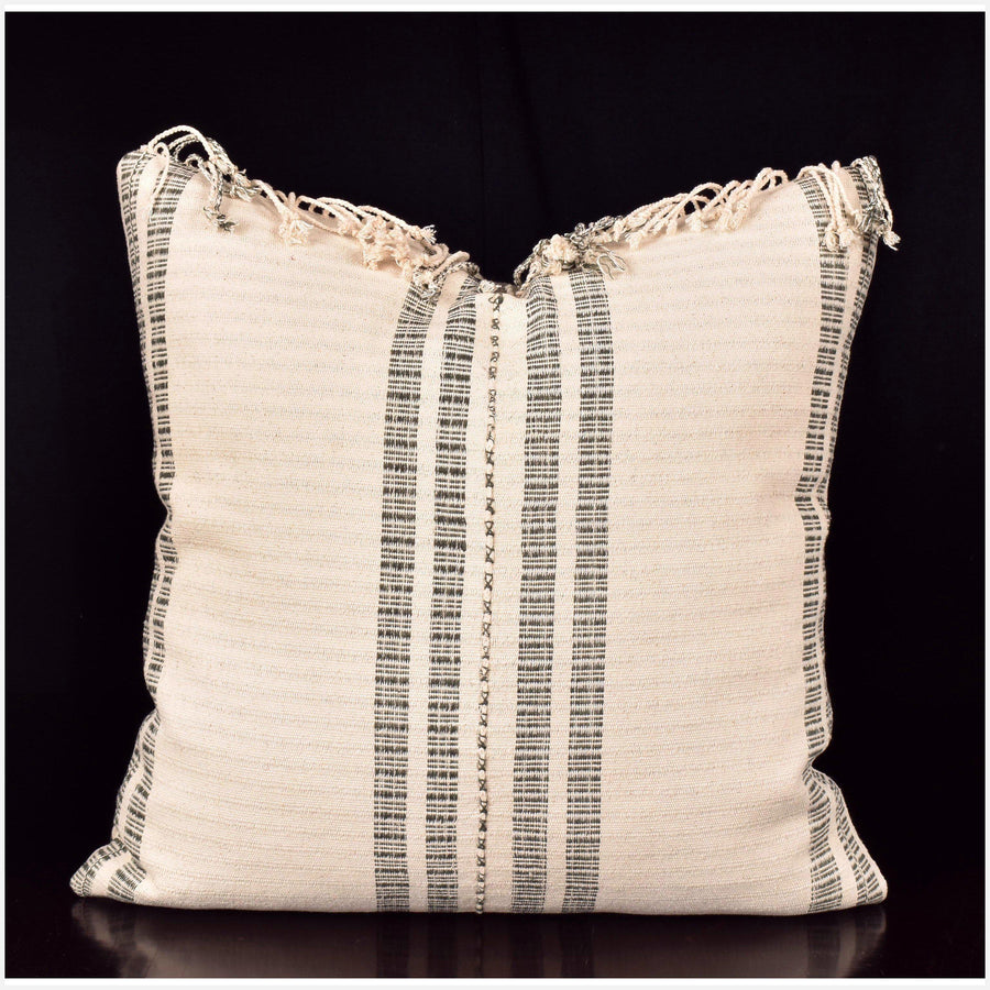 Karen ethnic striped pillow, Hmong tribal 20 in. square cushion, handwoven cotton, neutral off-white, gray, natural organic dye OO57