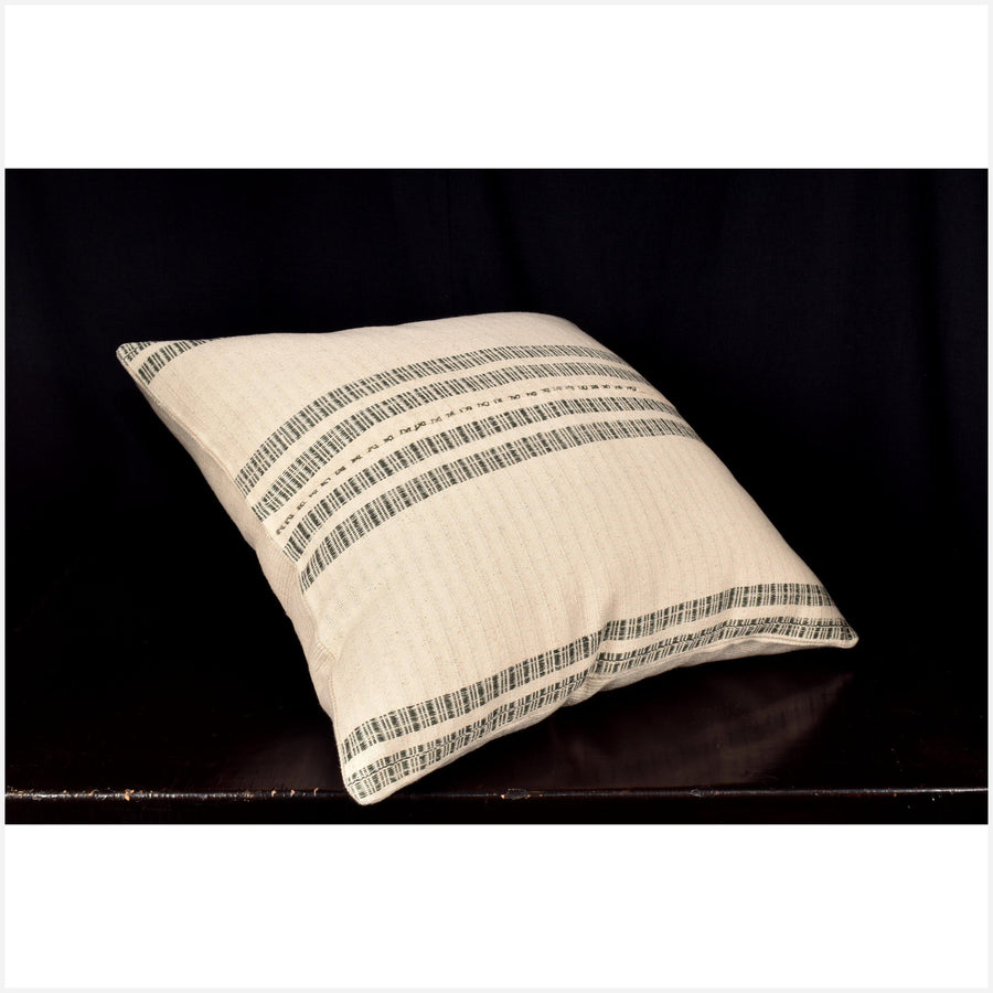 Karen ethnic striped pillow, Hmong tribal 20 in. square cushion, handwoven cotton, neutral off-white, gray, natural organic dye OO62