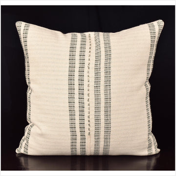 Karen ethnic striped pillow, Hmong tribal 20 in. square cushion, handwoven cotton, neutral off-white, gray, natural organic dye OO62