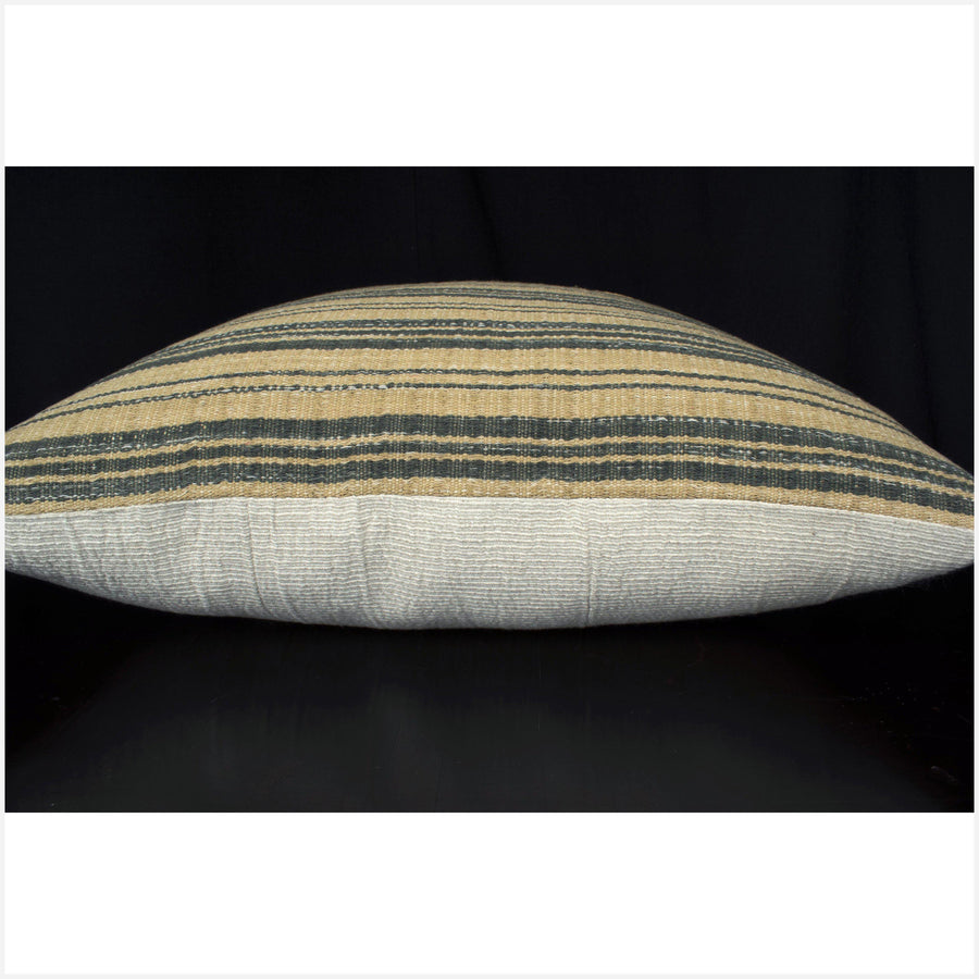 Karen ethnic striped pillow, Hmong tribal 20 in. square cushion, handwoven cotton, yellow ochre-tan, gray, natural organic dye OO55