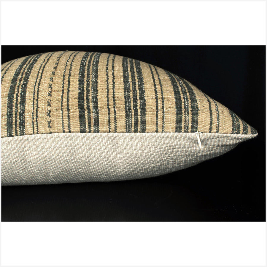 Karen ethnic striped pillow, Hmong tribal 20 in. square cushion, handwoven cotton, yellow ochre-tan, gray, natural organic dye OO56