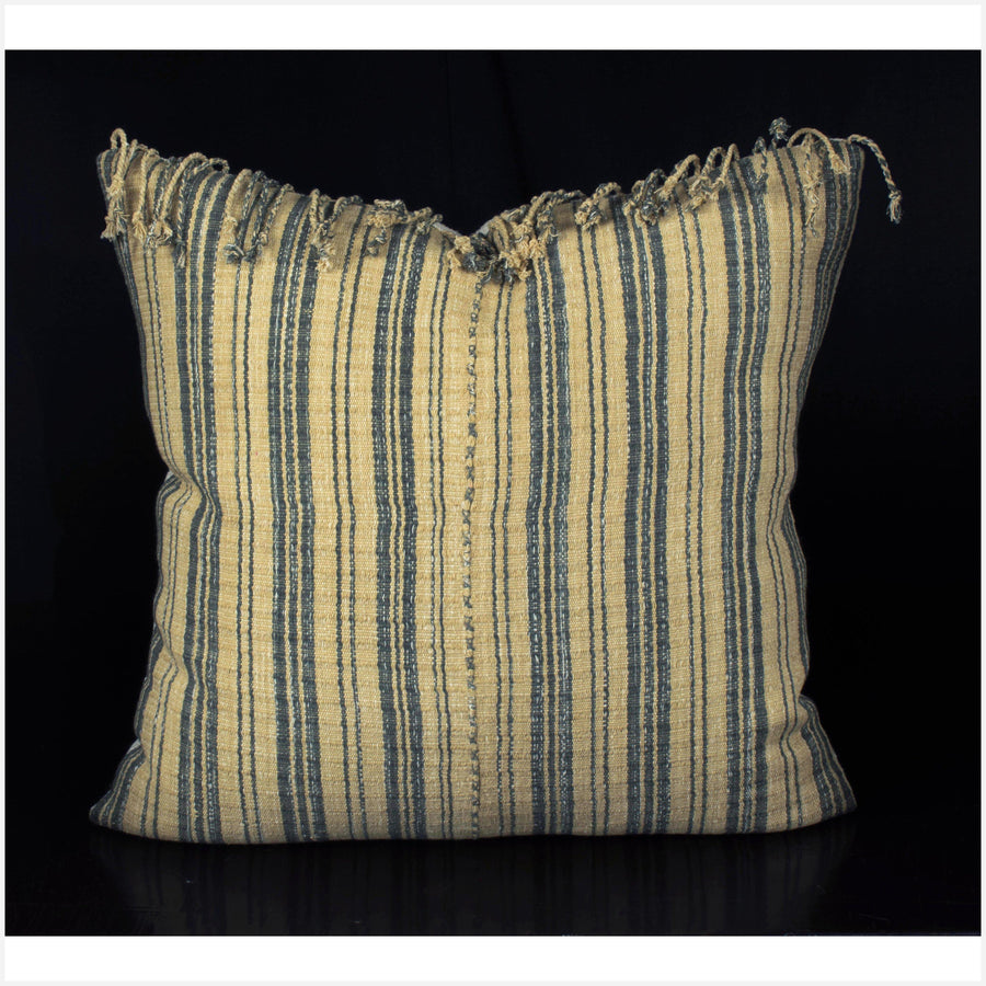 Karen ethnic striped pillow, Hmong tribal 20 in. square cushion, handwoven cotton, yellow ochre-tan, gray, natural organic dye OO56