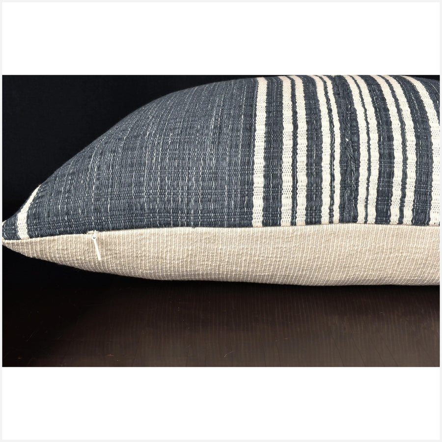 Karen ethnic striped pillow, Hmong tribal 20 x 16 square cushion, handwoven cotton, neutral off-white, gray, natural organic dye OO69