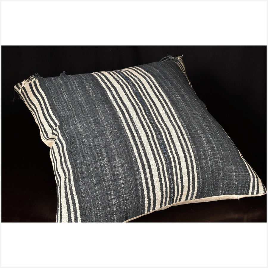Karen ethnic striped pillow, Hmong tribal 21 in. square cushion, handwoven cotton, neutral off-white, gray, natural organic dye OO66