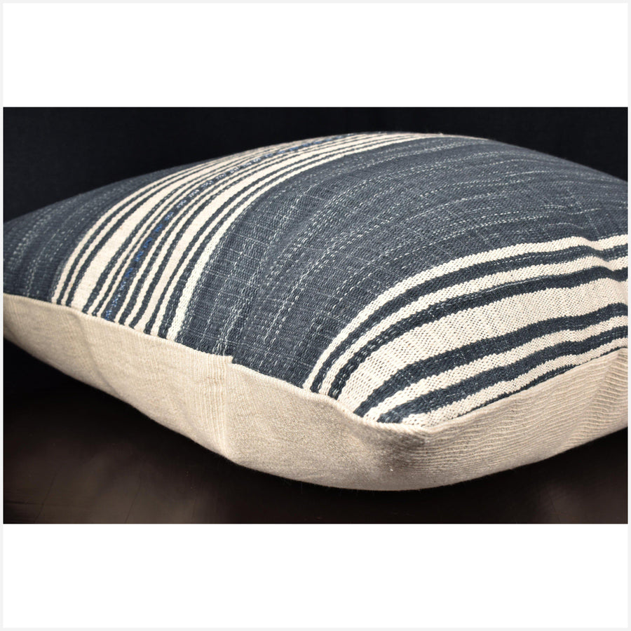 Karen ethnic striped pillow, Hmong tribal 21 in. square cushion, handwoven cotton, neutral off-white, gray, natural organic dye OO67
