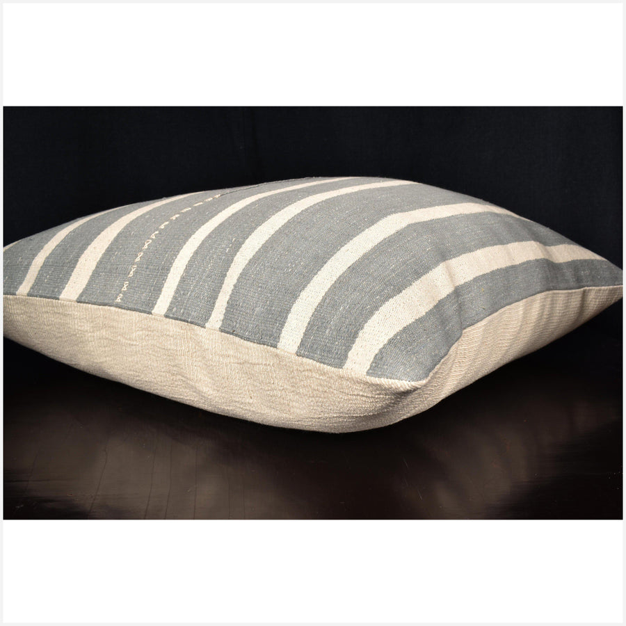 Karen ethnic striped pillow, Hmong tribal 21 in. square cushion, handwoven cotton, neutral off-white, light gray, natural organic dye OO68