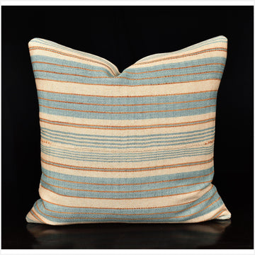 Karen ethnic striped pillow, Hmong tribal 21 in. square cushion, handwoven hemp, gold, teal, beige natural organic dye OO53