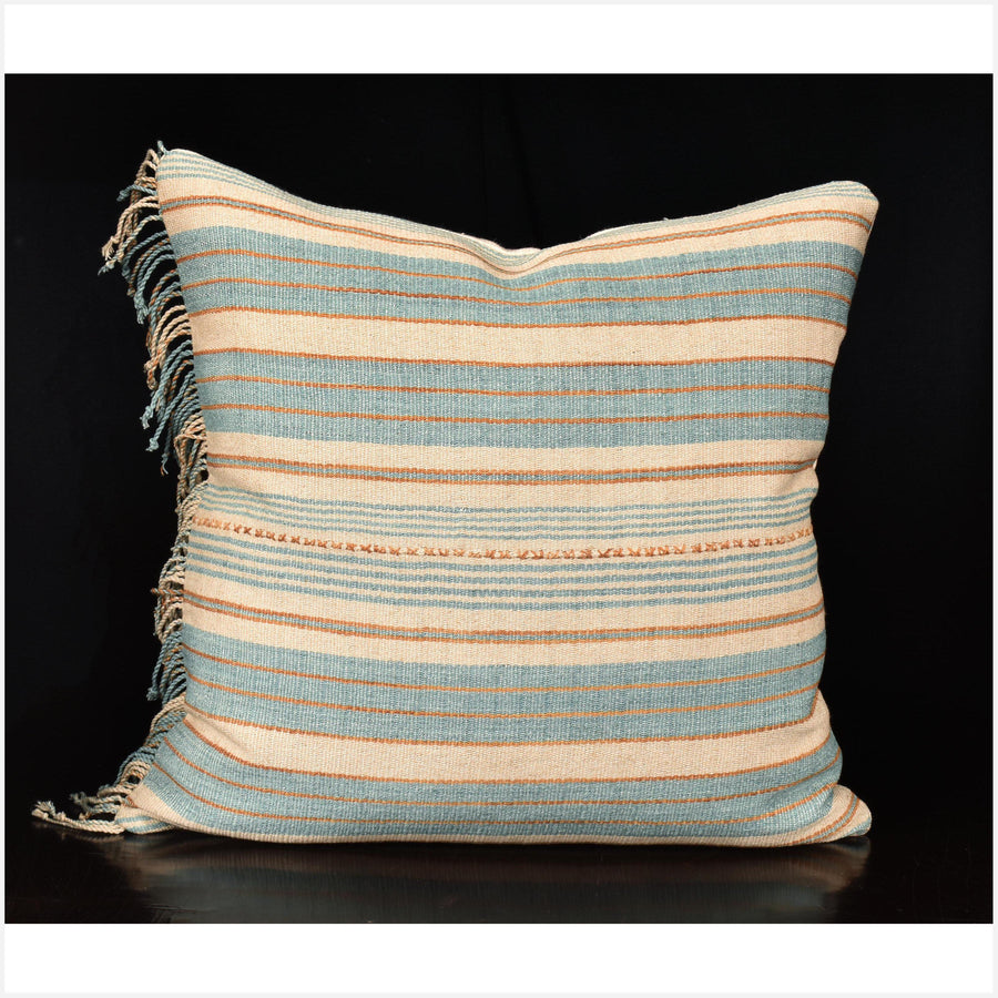Karen ethnic striped pillow, Hmong tribal 21 in. square cushion, handwoven hemp, gold, teal, beige natural organic dye OO54