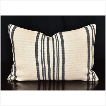 Karen ethnic striped pillow, Hmong tribal 21 x 14 cushion, handwoven cotton, neutral off-white, gray, natural organic dye OO65