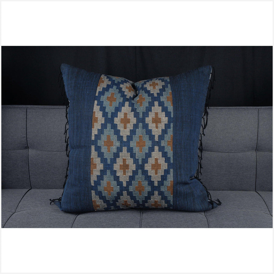 Laotian handwoven cotton textile 31 inch square pillow organic dye indigo blue, white, gray, and brown cotton cushion BN77