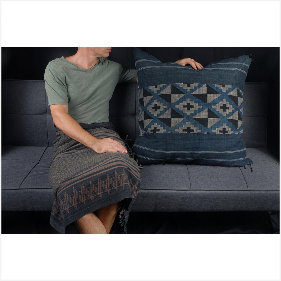 Laotian handwoven cotton textile 31 inch square pillow organic dye indigo blue, white, gray, and brown cotton cushion BN77