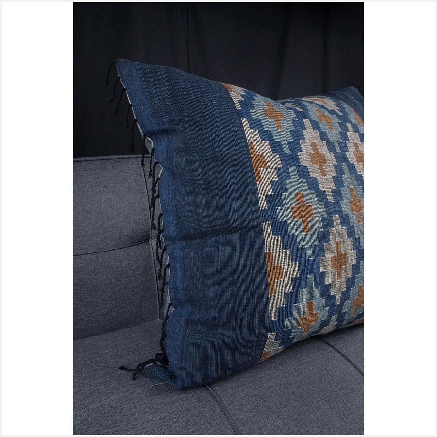 Laotian handwoven cotton textile 31 inch square pillow organic dye indigo blue, white, gray, and brown cotton cushion BN77