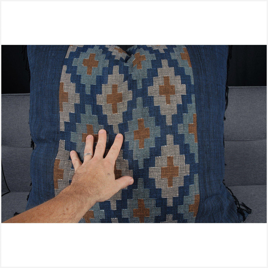 Laotian handwoven cotton textile 31 inch square pillow organic dye indigo blue, white, gray, and brown cotton cushion BN77