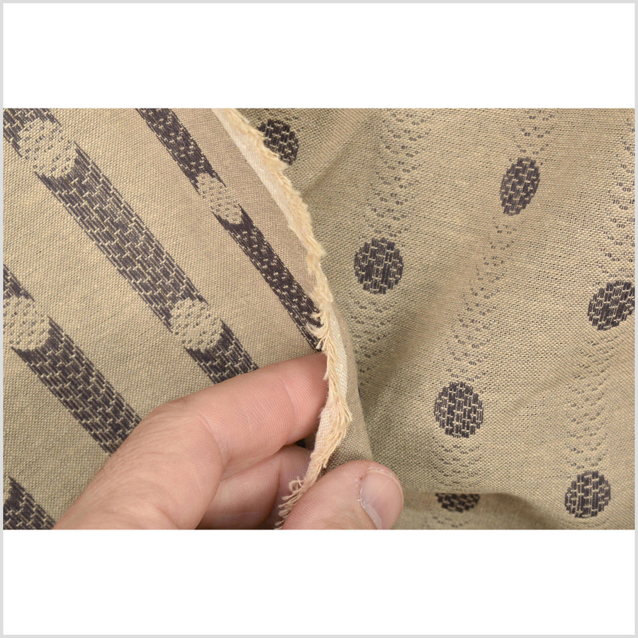 Light brown beige cotton fabric with woven contrasting polka dots and banding, light-weight, smooth, per yard PHA74