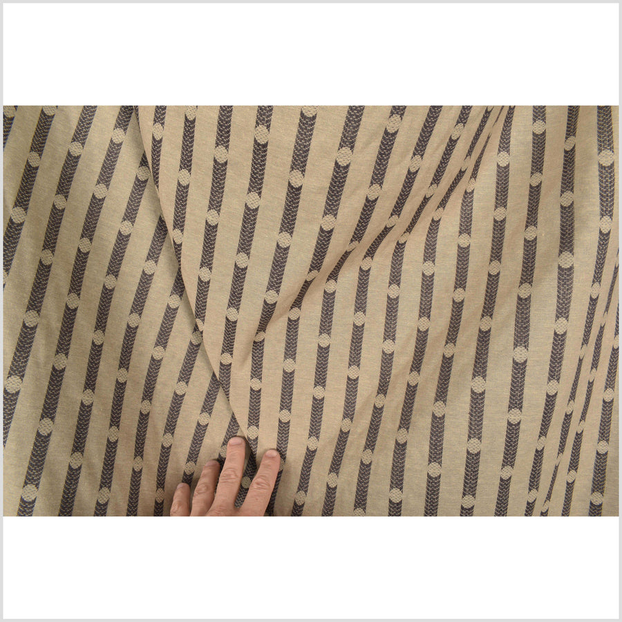 Light brown beige cotton fabric with woven contrasting polka dots and banding, light-weight, smooth, per yard PHA74