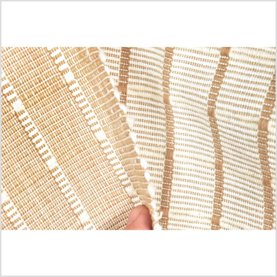 Light brown tan and cream handwoven cotton fabric, ribbed texture, striped, double-sided, Thai woven material per yard PHA325