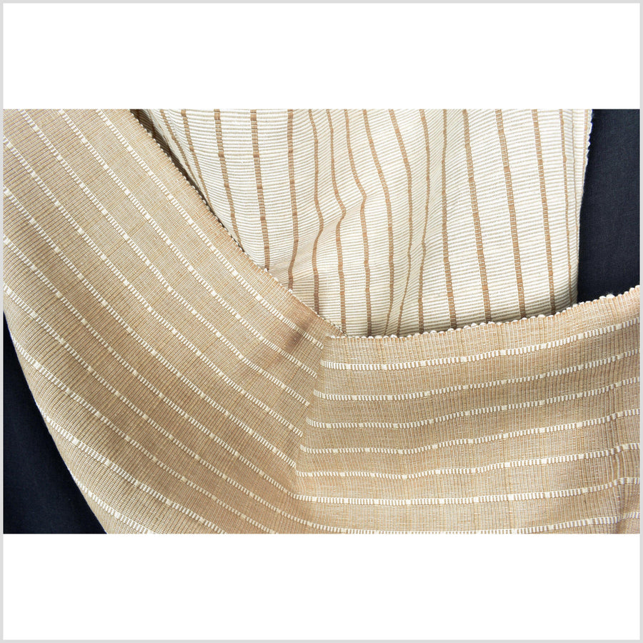 Light brown tan and cream handwoven cotton fabric, ribbed texture, striped, double-sided, Thai woven material per yard PHA325