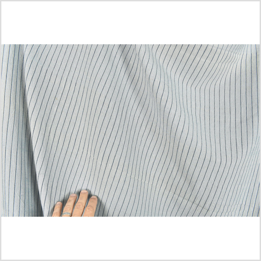 Light gray handwoven cotton with woven blue warp/vertical pinstripes, organic vegetable dye color, Thailand craft supply by the yard PHA245