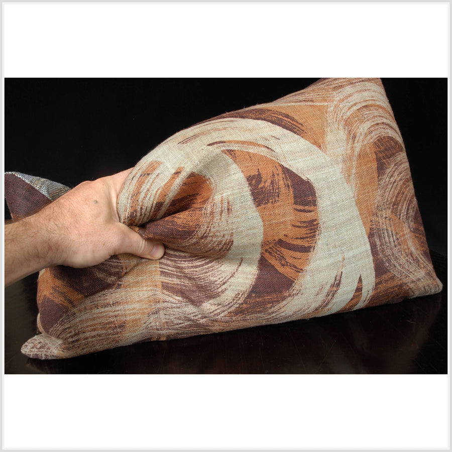 Lumbar throw pillow, tan white brown abstract swirl batik hemp tribal textile handwoven ethnic fabric, decorative cushion 14 x 22 inch TT16