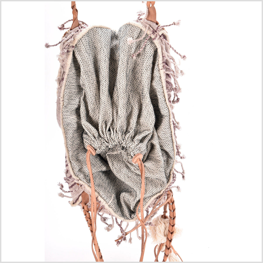 Mauve striped summer handbag, ethnic boho style, natural dye soft cotton, leather handles, tribal hand stitching BG9