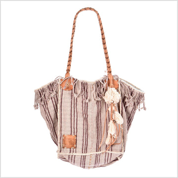 Mauve striped summer handbag, ethnic boho style, natural dye soft cotton, leather handles, tribal hand stitching BG9